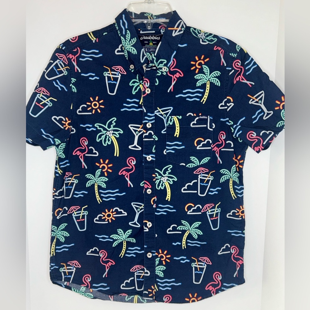 Chubbies men’s The Neon Light  button up‎ polo short sleeve shirt size SMALL